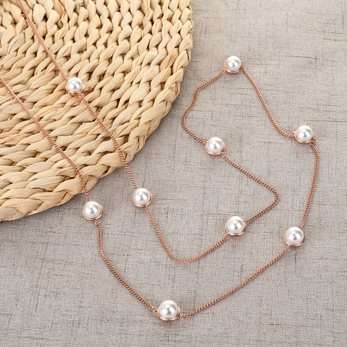 Great Artificial Pearl Platinum Plated Long Chain Necklace